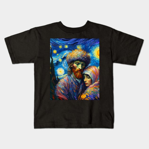 Joseph and mary in starry might Kids T-Shirt by FUN GOGH